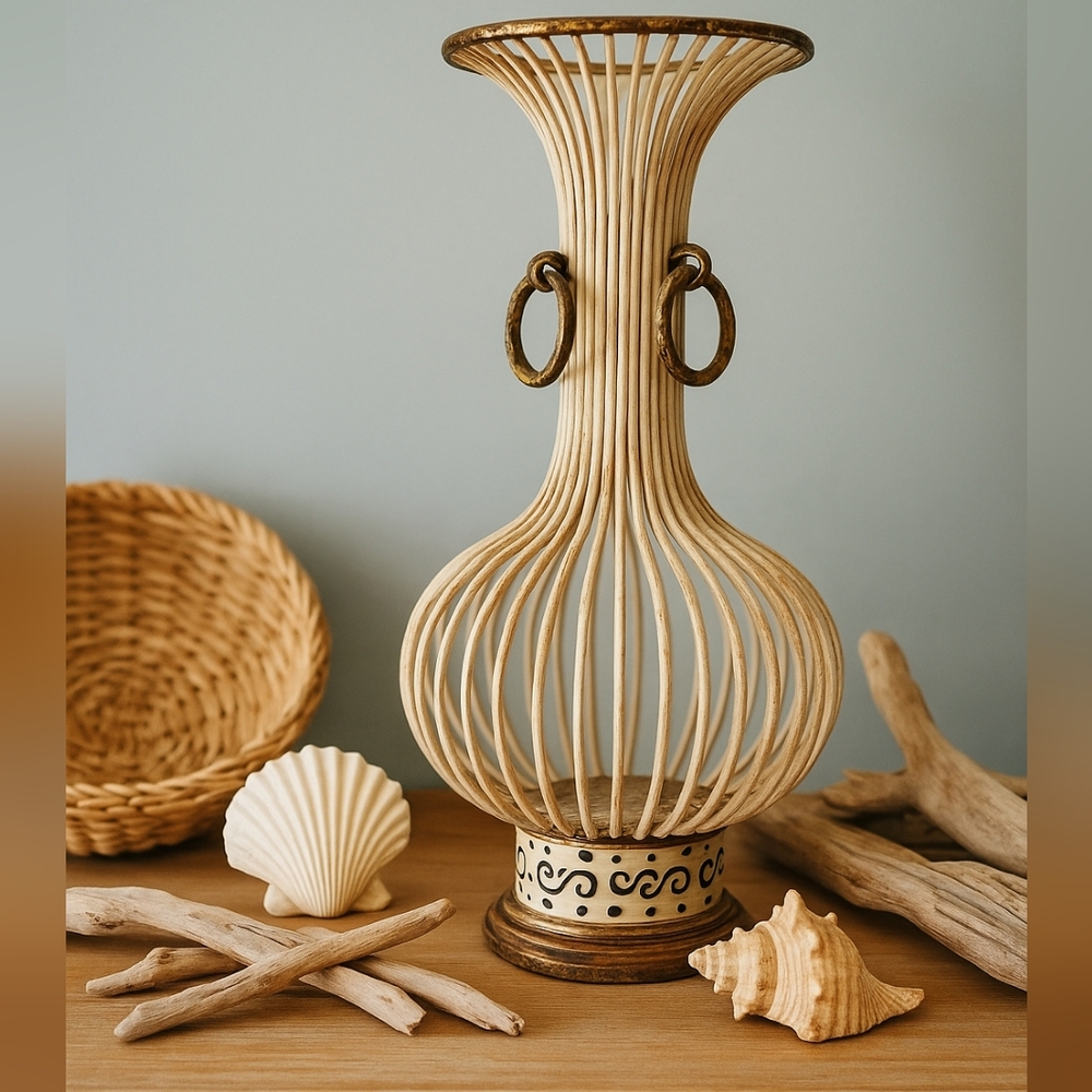 Decorative Distressed Ivory & Brass Metal Open Cage Vase with Vintage Aesthetic